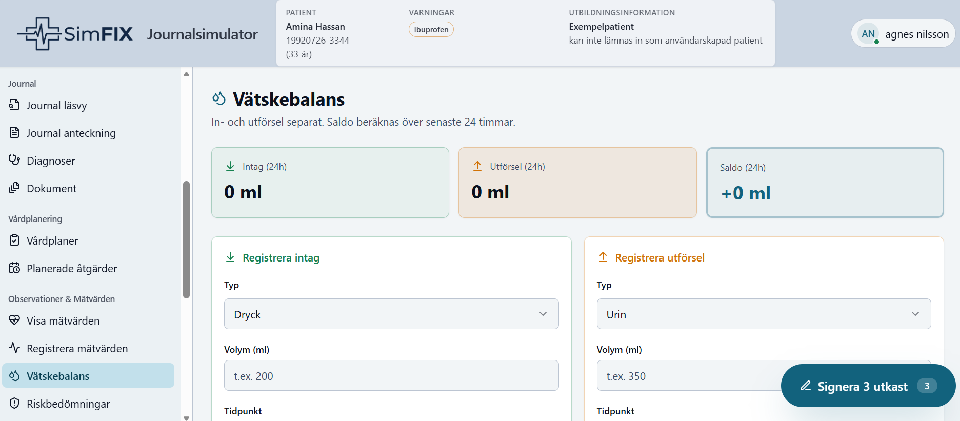 SimFIX Journal med vätskebalans för fiktiv patient.