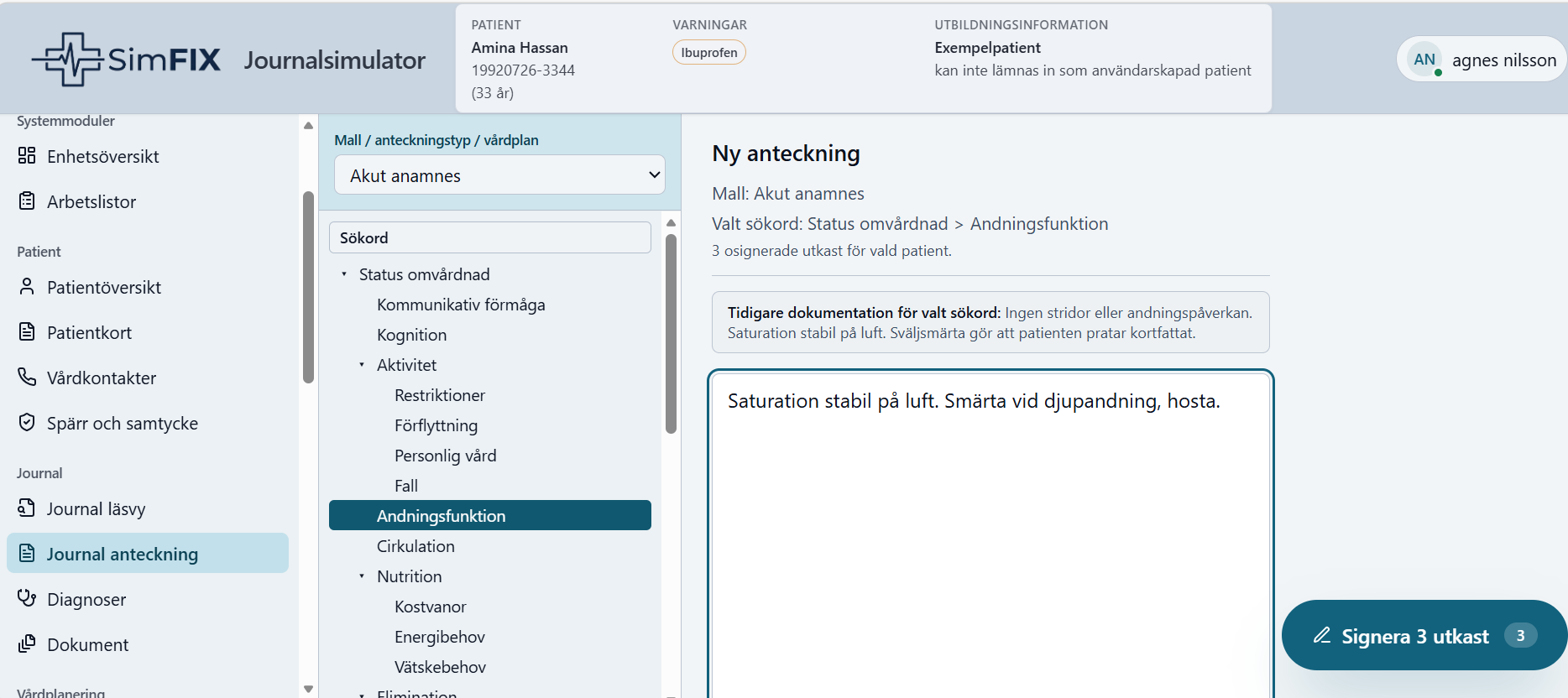 SimFIX Journal med ny journalanteckning för fiktiv patient.